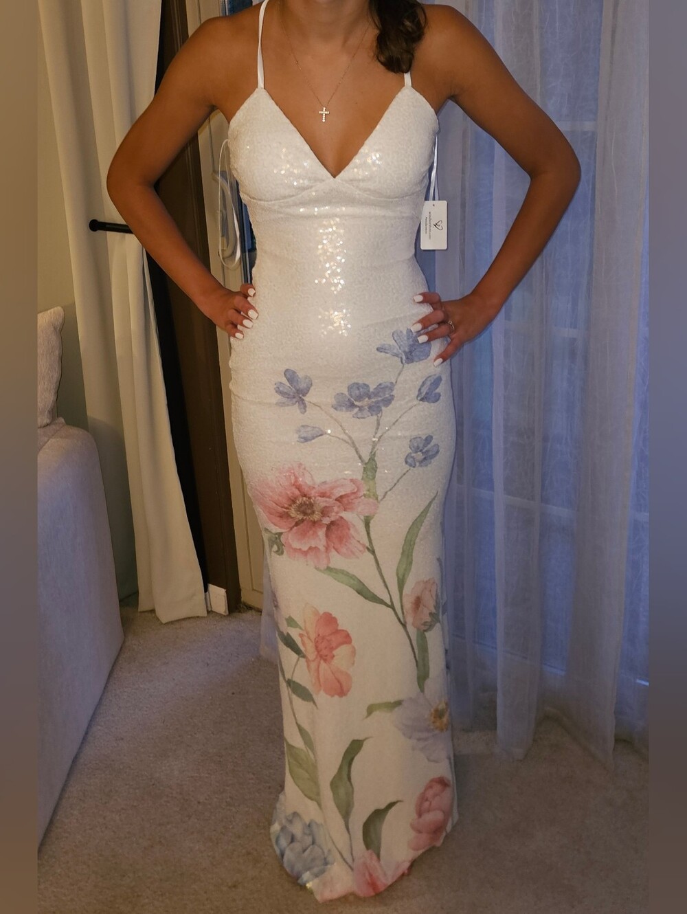 Lulu's White Sequin Floral Spaghetti-Strap Maxi Dress
